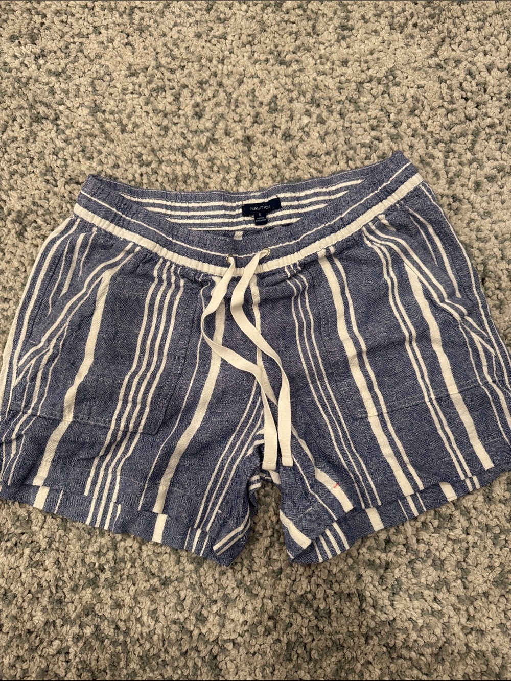 Nautica Navy and White Striped Drawstring Athletic Shorts